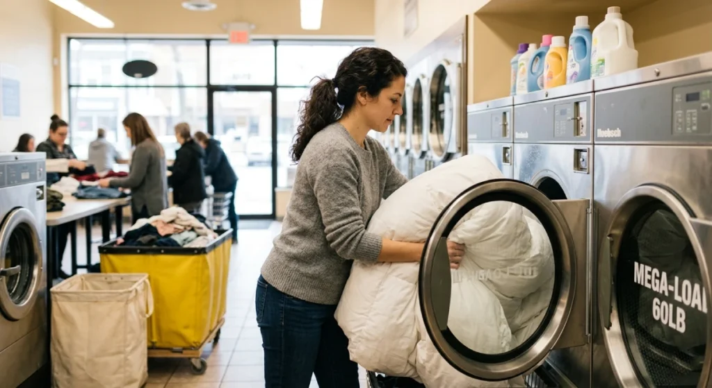 Customer washing a large white duvet in a laundromat washing machine in Wainuiomata.