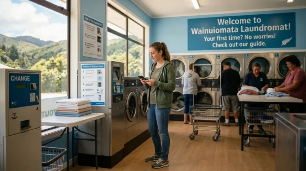 First-time customer using a laundromat washing machine in Wainuiomata