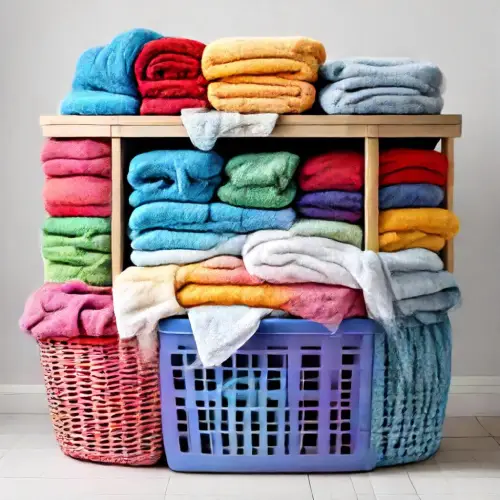 Stacked colorful towels and bulky laundry items organized on shelves with baskets in a laundromat