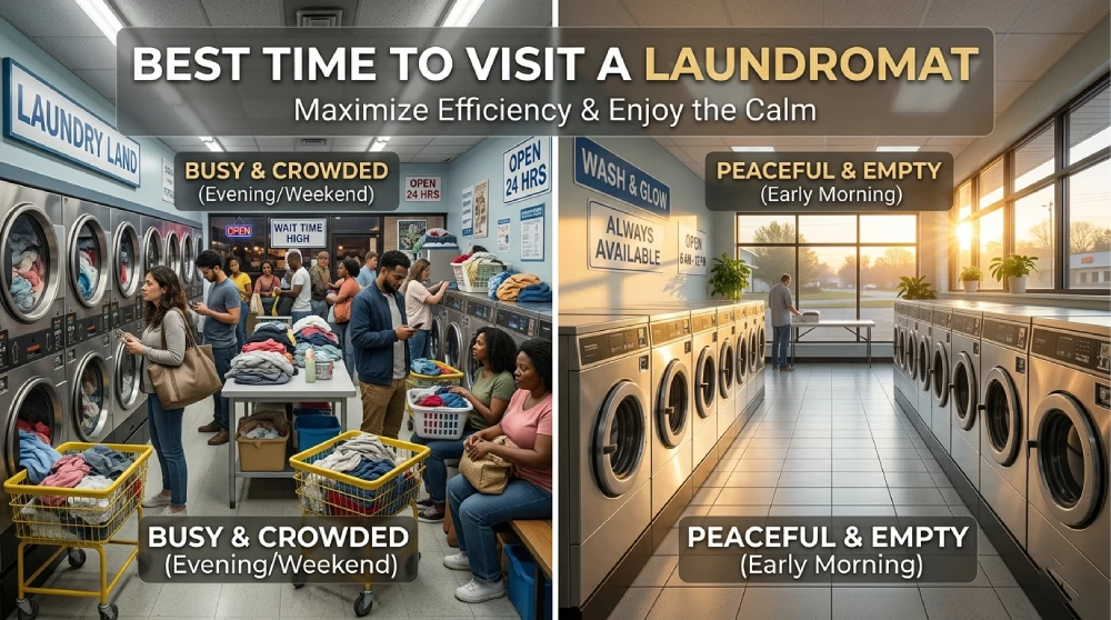 The best time to visit a laundromat showing busy evening hours and quiet early morning laundry machines