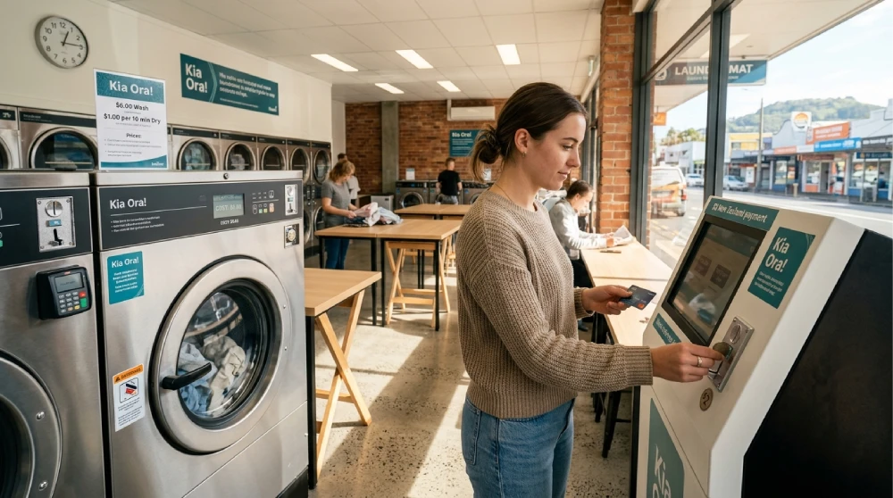 Customer using a self-service payment kiosk at a New Zealand laundromat with washing machines in the background
