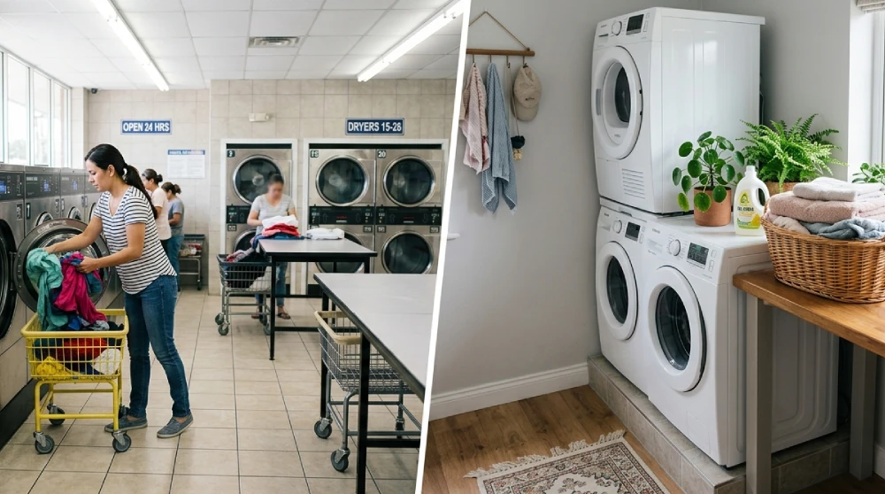 Laundromat vs washing at home comparison showing commercial laundry machines and a home washing setup in Wainuiomata